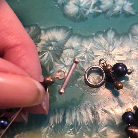 Sterling Silver Clasp And Purple, Blue and Bronzy Pearls and Crystal Necklace - Picture 8 of 13